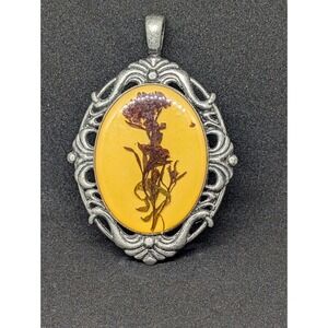 Handsome Vintage Pewter Swirl Rim Yellow Accent Natural Flowers Pendant Necklace
